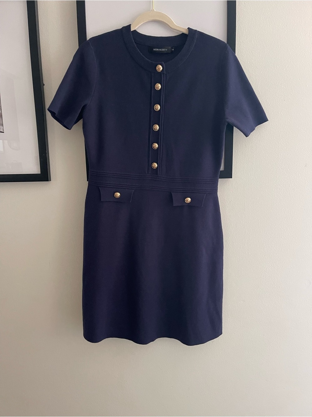 Marokeety Navy Short Sleeve Mini Dress with Gold Buttons